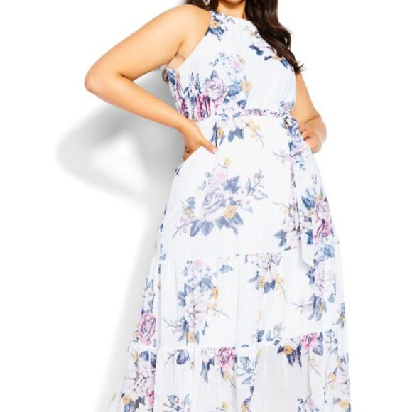 City Chic Women's Plus Size Elegant Halter Teired Maxi Party Dress Floral Print - Picture 6 of 7